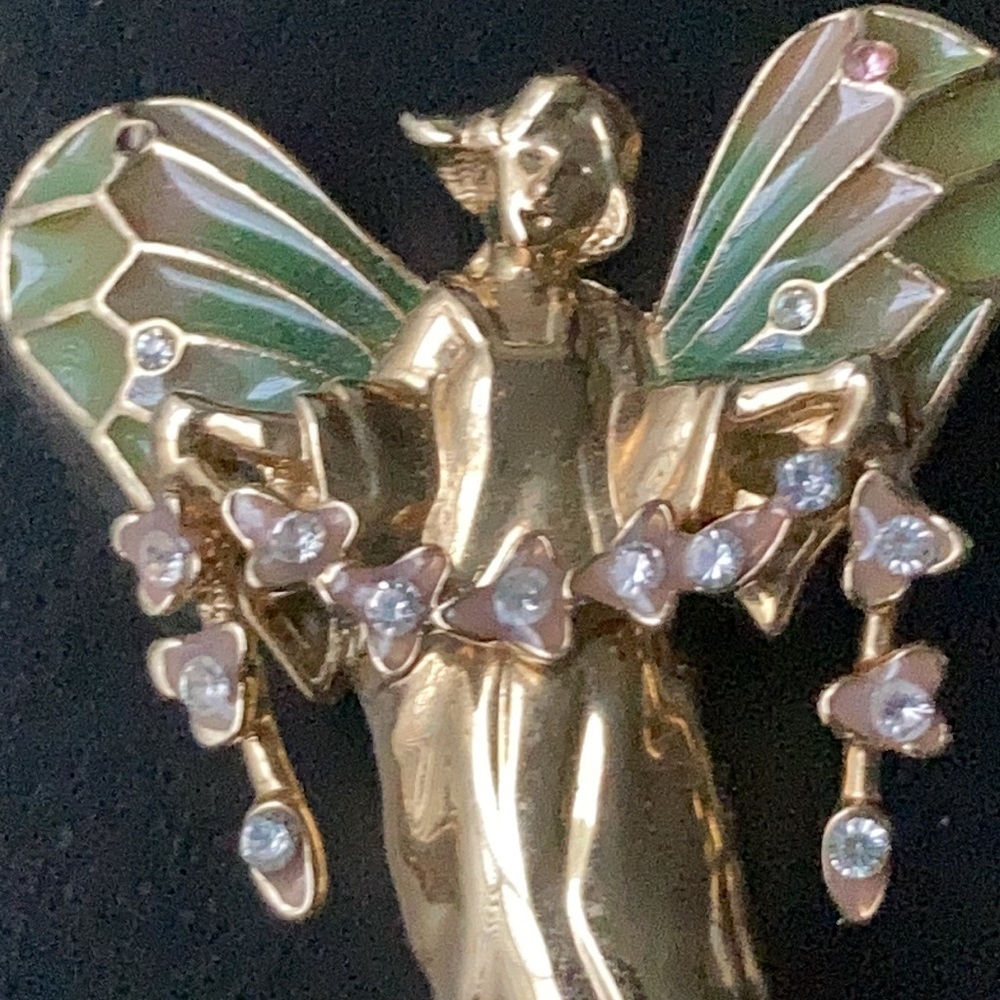 MONET angel,fairy,brooch,pin,flowers vintage rhinestones,Plique-a-jour